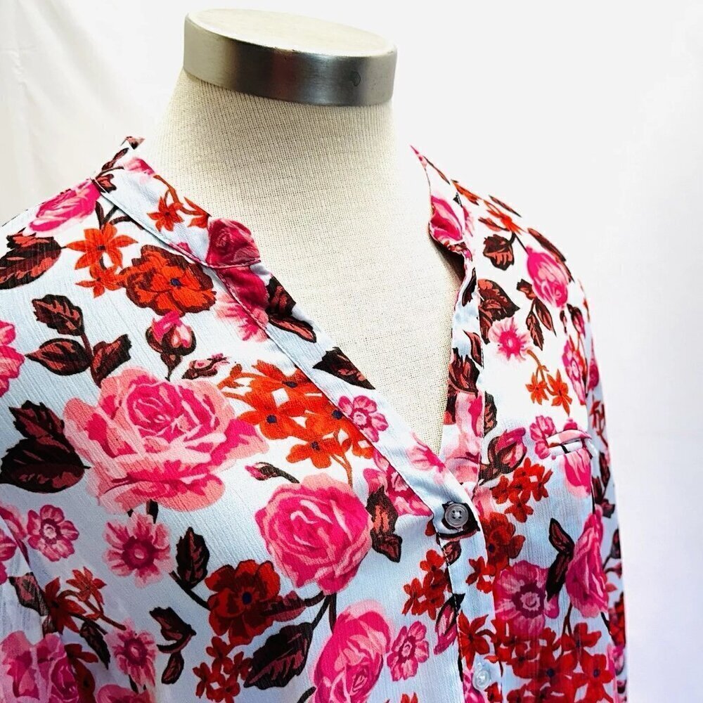 KUT from the Kloth Women Long Sleeve Button Down Pink Floral Sheer Roll Tab Sz M - Picture 4 of 12
